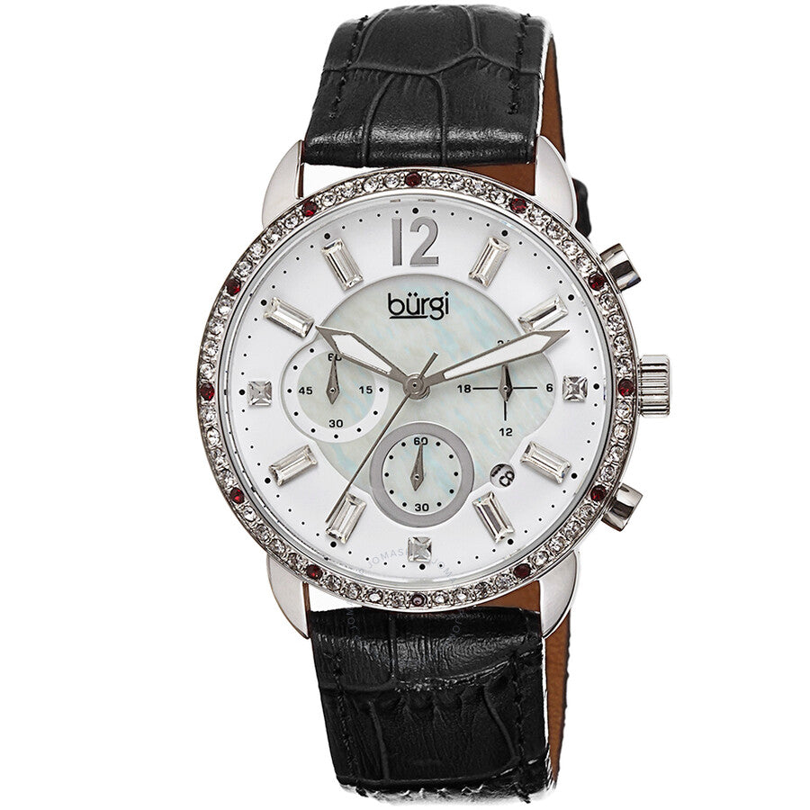 Burgi Crystal Chronograph Black Leather Mother of Pearl Dial Ladies Watch BUR089BK - Dawson Watches