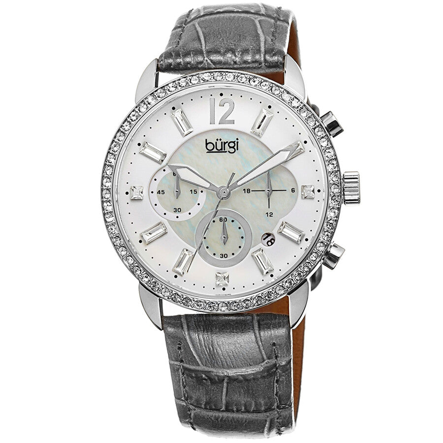Burgi Crystal Chronograph Grey Leather Mother of Pearl Dial Ladies Watch BUR089GY - Dawson Watches
