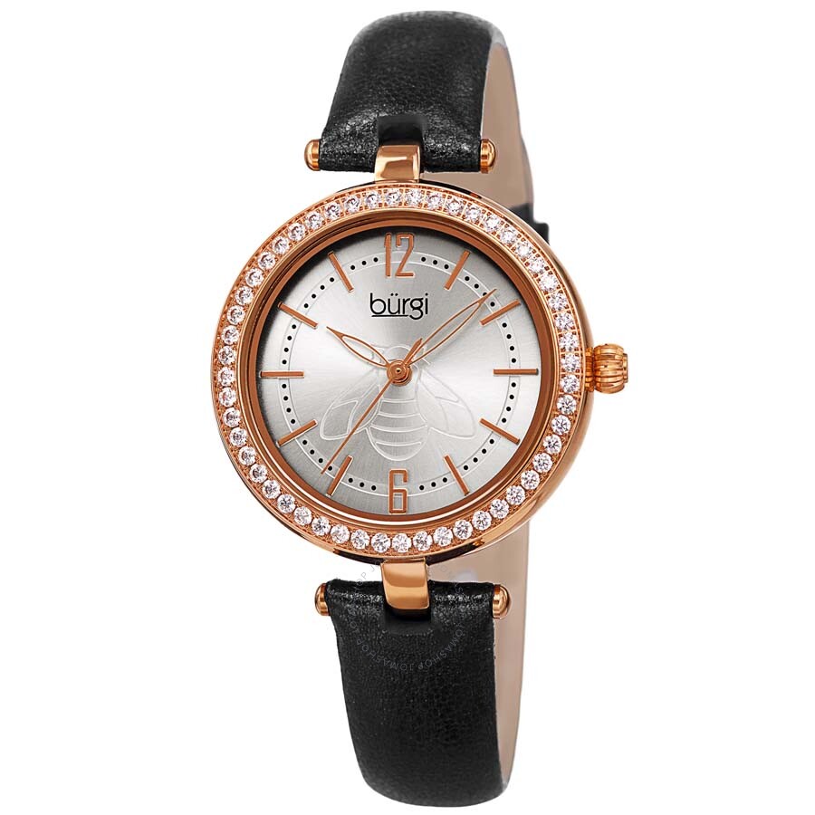 Burgi Crystal Silver Dial Black Leather Ladies Watch BUR235BKR - The Watches Men & Co