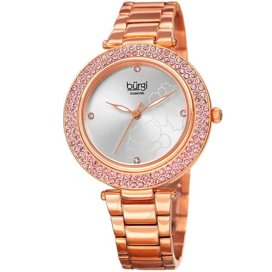 Burgi Flower Marker Diamond Crystal Silver Dial Ladies Watch BUR179RG - Dawson Watches