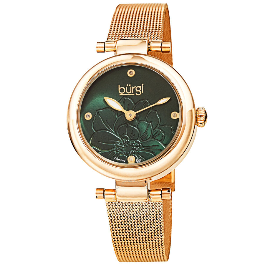 Burgi Flower Marker Quartz Diamond Green Dial Ladies Watch BUR260YGN - Dawson Watches