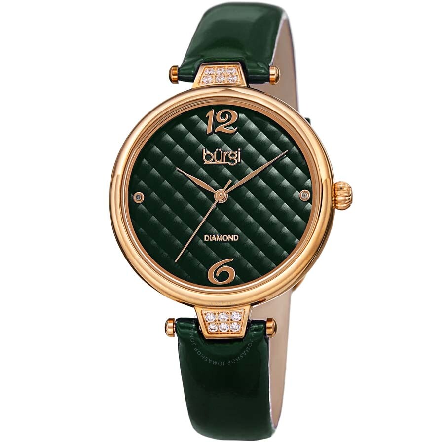 Burgi Ladies Engraved Argyle Diamond Green Dial Green Leather Strap Watch - Dawson Watches
