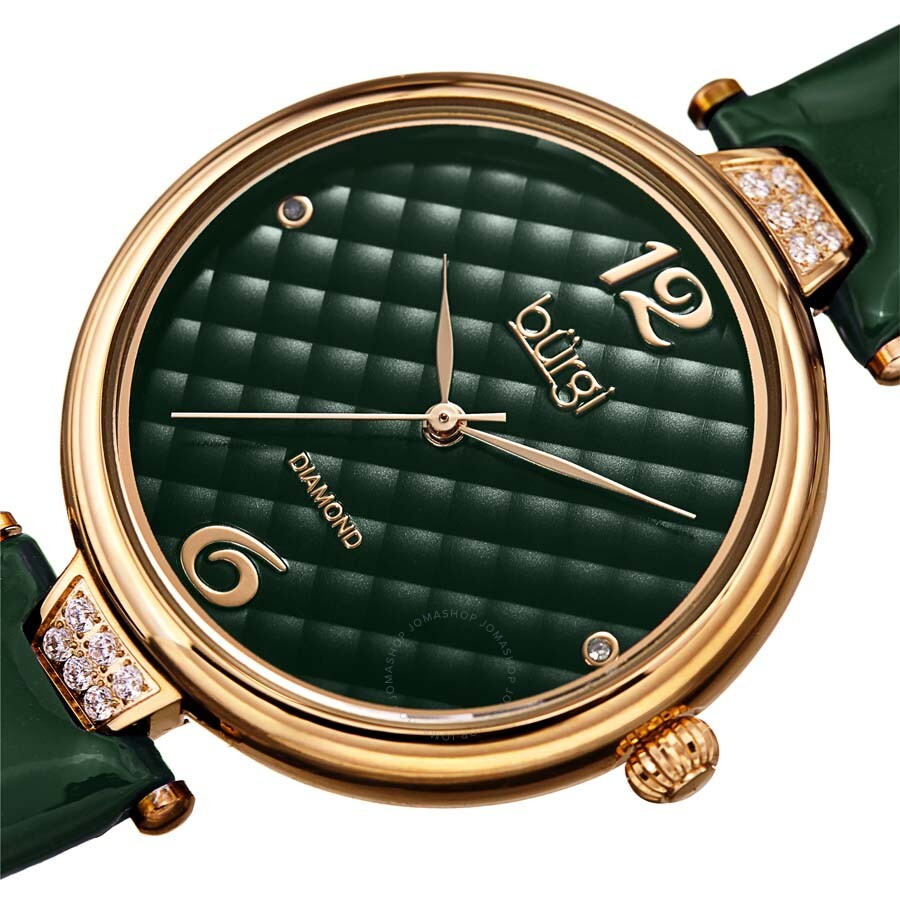 Burgi Ladies Engraved Argyle Diamond Green Dial Green Leather Strap Watch - Dawson Watches #2
