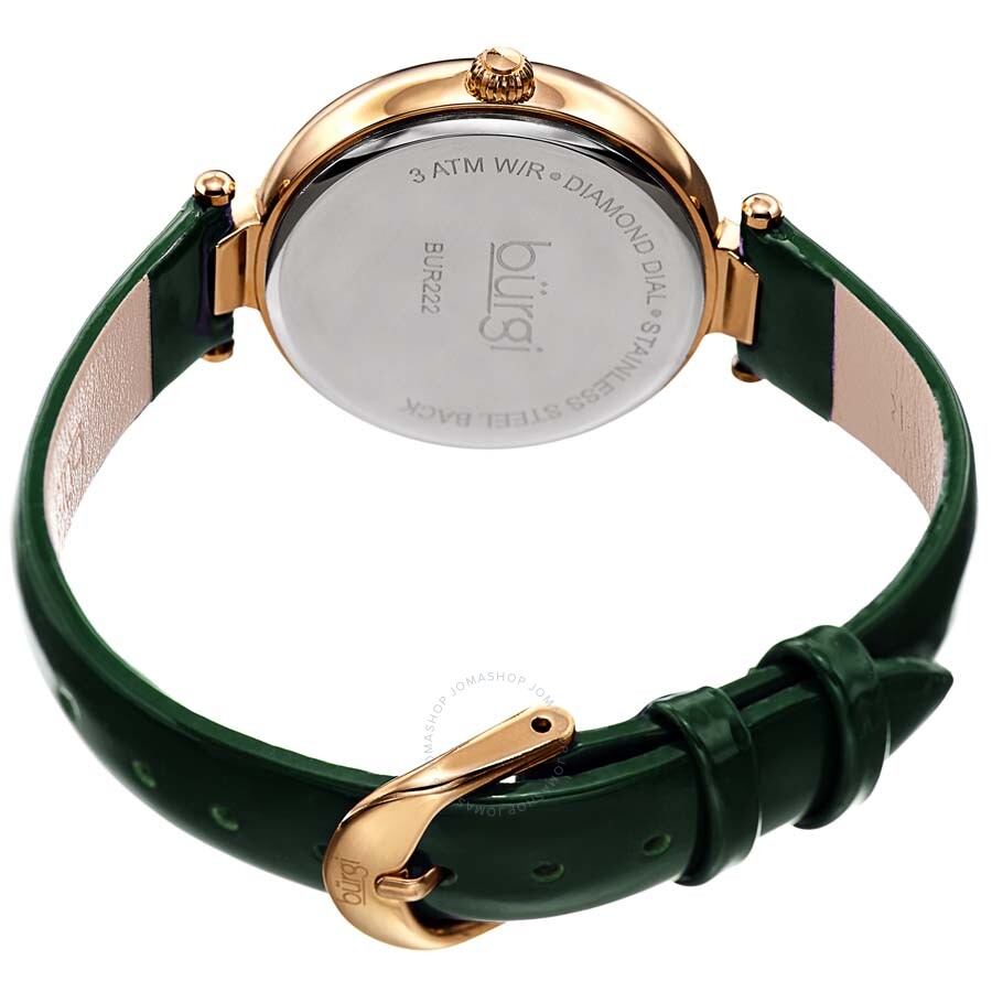 Burgi Ladies Engraved Argyle Diamond Green Dial Green Leather Strap Watch - Dawson Watches #4