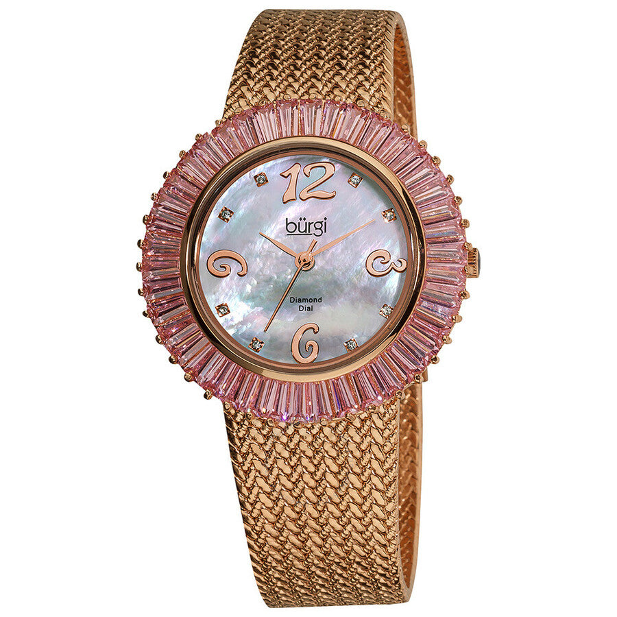 Burgi Faceted Crystal Bezel Mother of Pearl Dial Ladies Watch BUR076PK - Dawson Watches