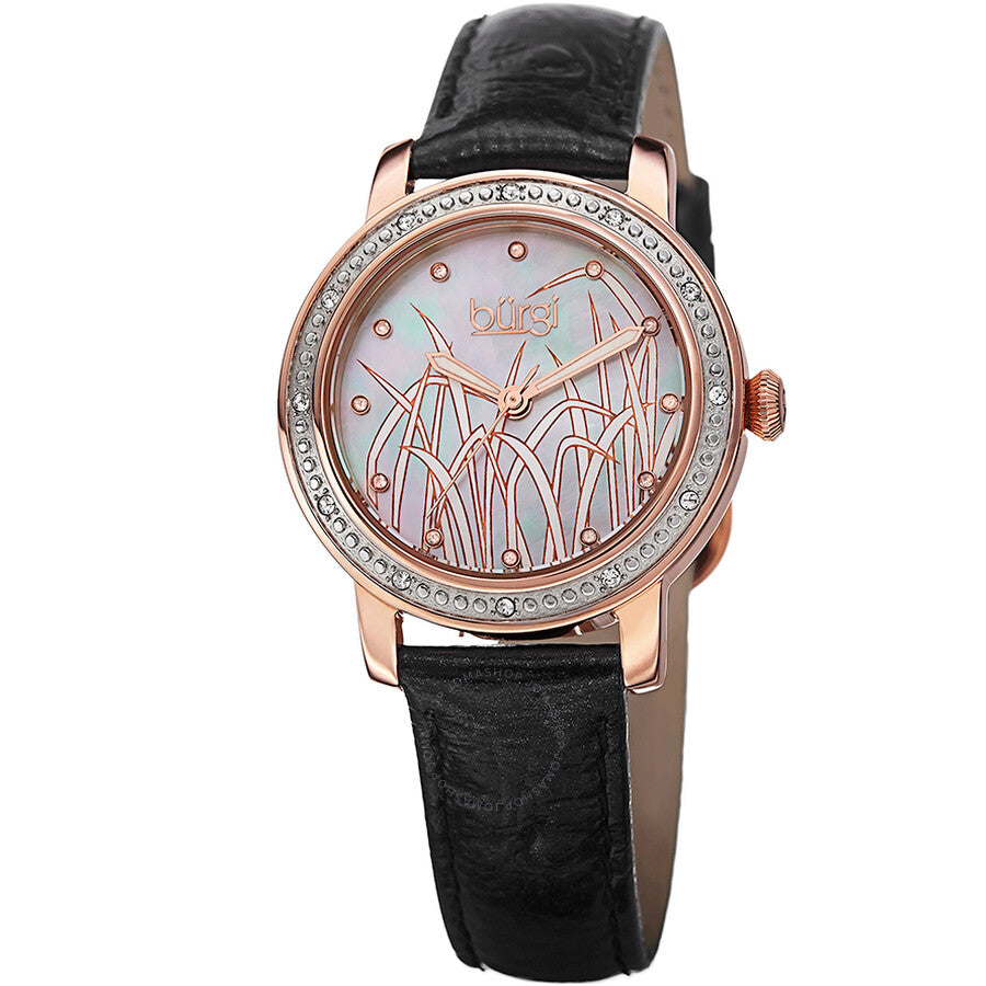 Burgi Mother of Pearl Pattern Dial Black Leather Ladies Watch BUR096RG - Dawson Watches