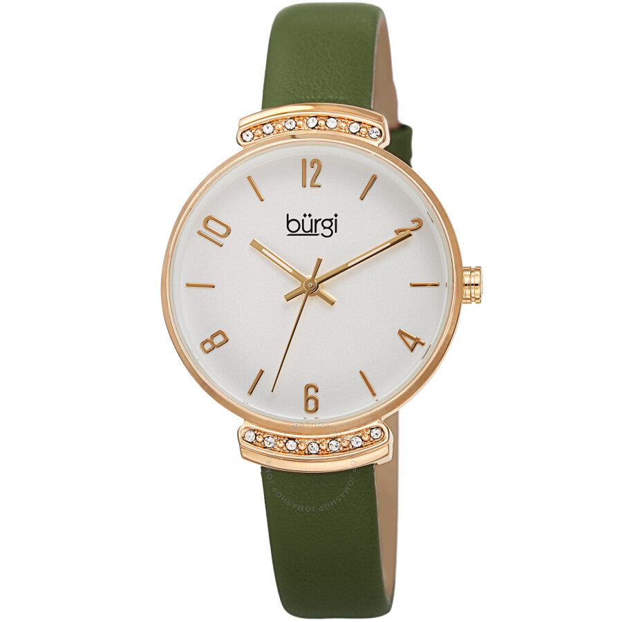 Burgi Quartz Crystal Silver Dial Green Leather Ladies Watch BUR254GN - Dawson Watches