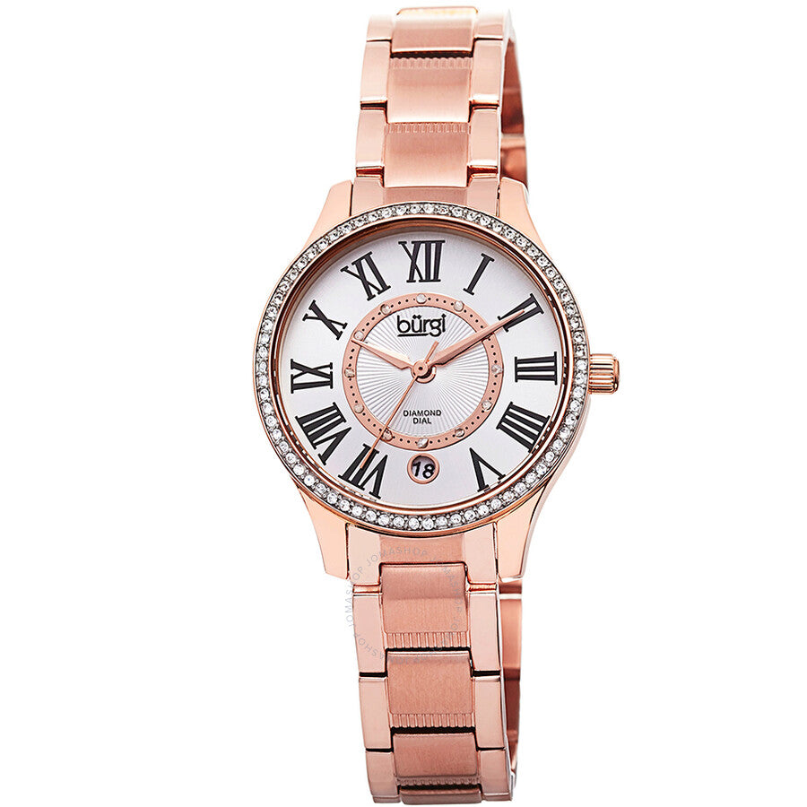 Burgi Rose Gold-Tone Stainless Steel Silver-Tone Diamond Dial Ladies Watch BUR090RG - Dawson Watches