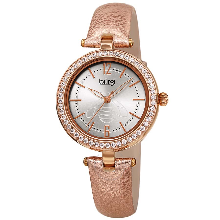 Burgi Crystal Silver Dial Gold Leather Ladies Watch BUR235RG - Dawson Watches
