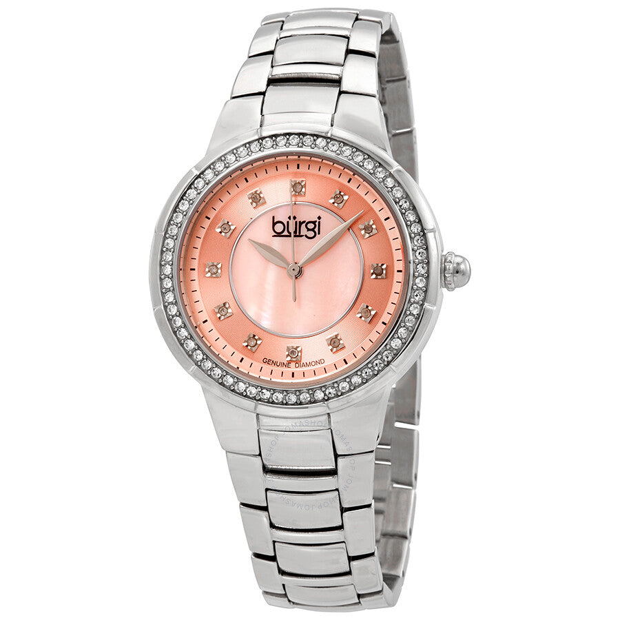 Burgi Silver-Tone Steel Pink Mother of Pearl Diamond Dial Ladies Watch BUR093PK - Dawson Watches