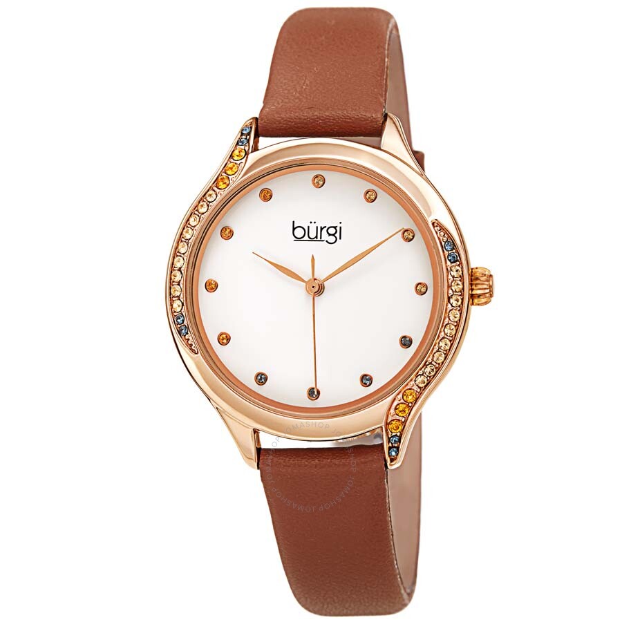 Burgi Crystal White Dial Brown Leather Ladies Watch BUR239BR - Dawson Watches