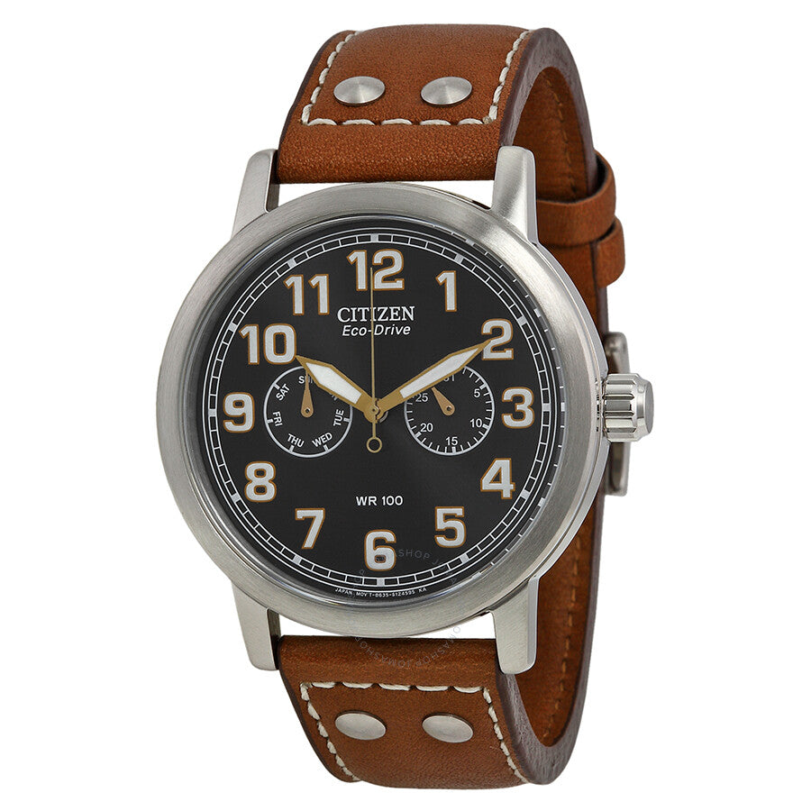 Citizen Avion Multi-Function Eco Drive Black Dial Brown Leather Men's Watch AO9030-05E - Dawson Watches