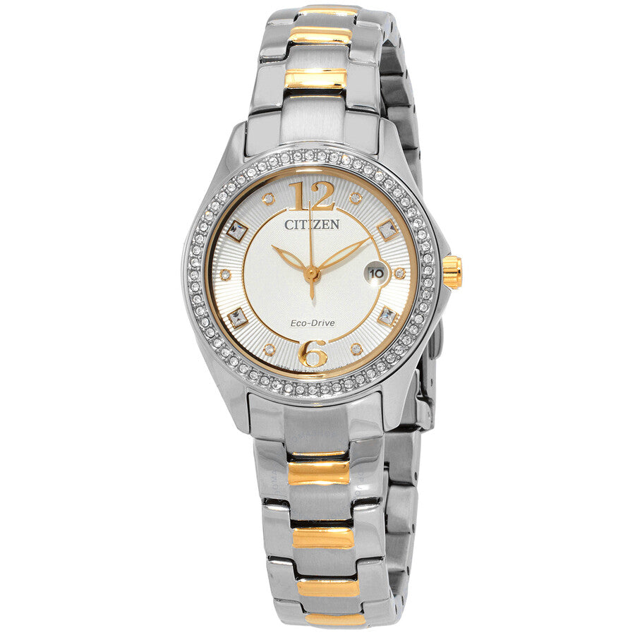 Citizen Crystal Eco-Drive Silver Dial Two-Tone Ladies Watch FE1146-71A - Dawson Watches