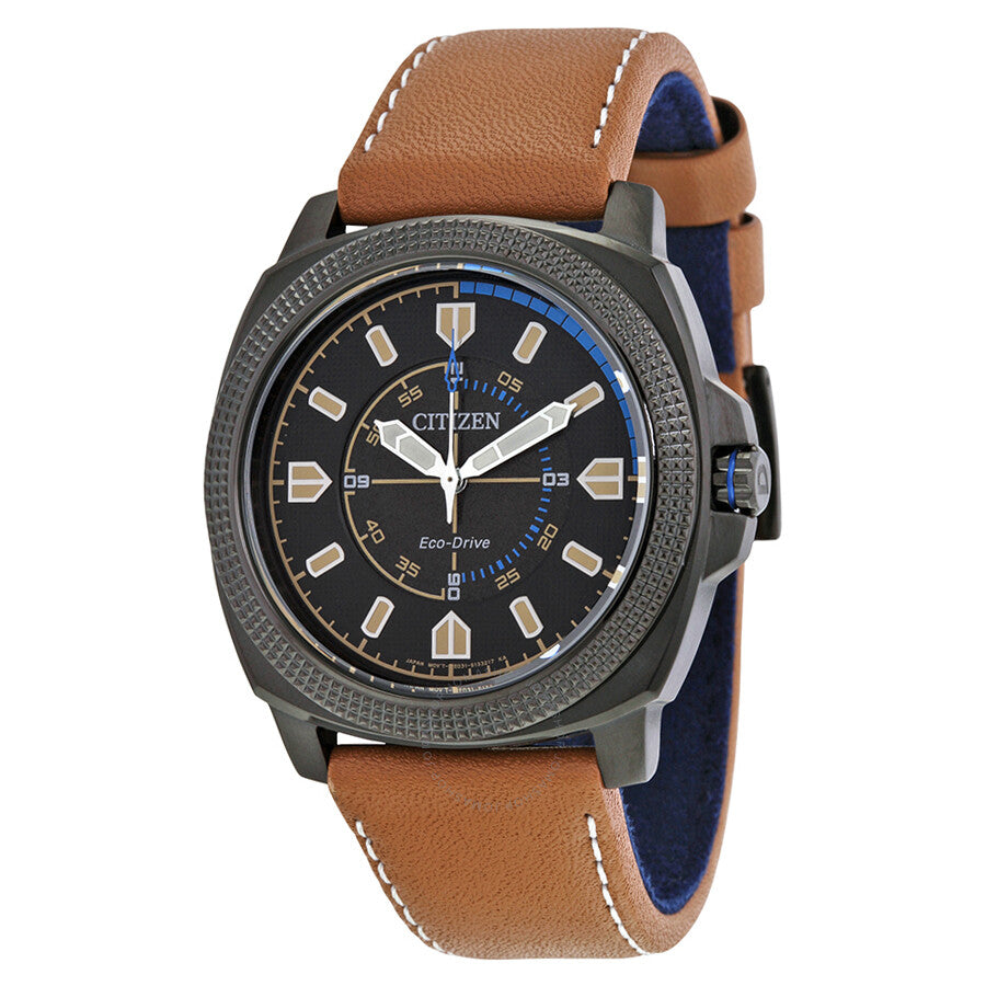 Citizen CTO Eco-Drive Black Dial Khaki Leather Strap Men's Watch BJ6475-00E - Dawson Watches