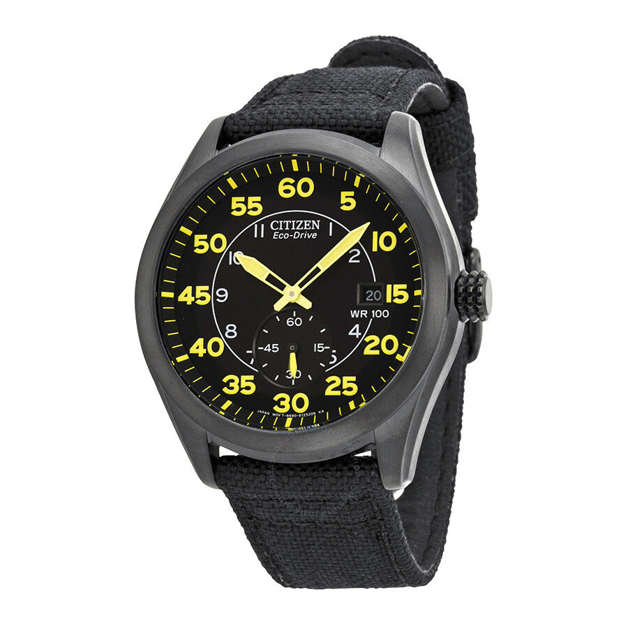 Citizen Eco Drive Black and Yellow Dial Black Nylon Strap Men's Watch BV1085-14E - Dawson Watches