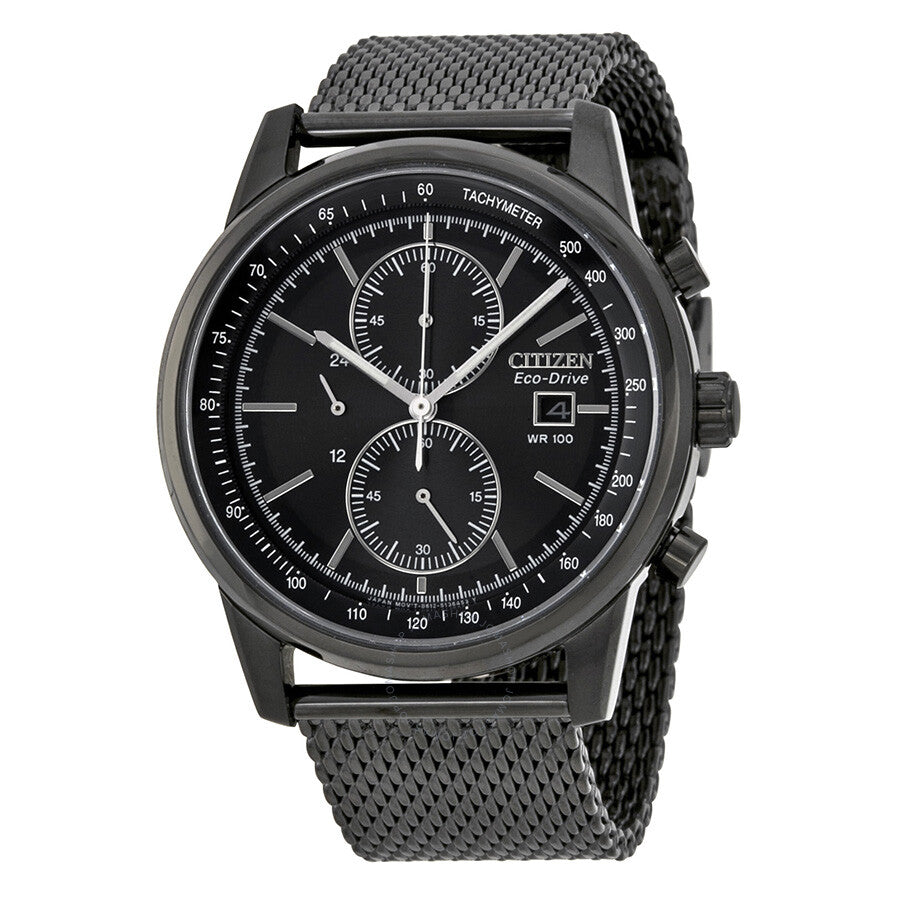 Citizen Eco-Drive Chronograph Black Dial Black Ion-plated Mesh Men's Watch CA0338-57E - Dawson Watches