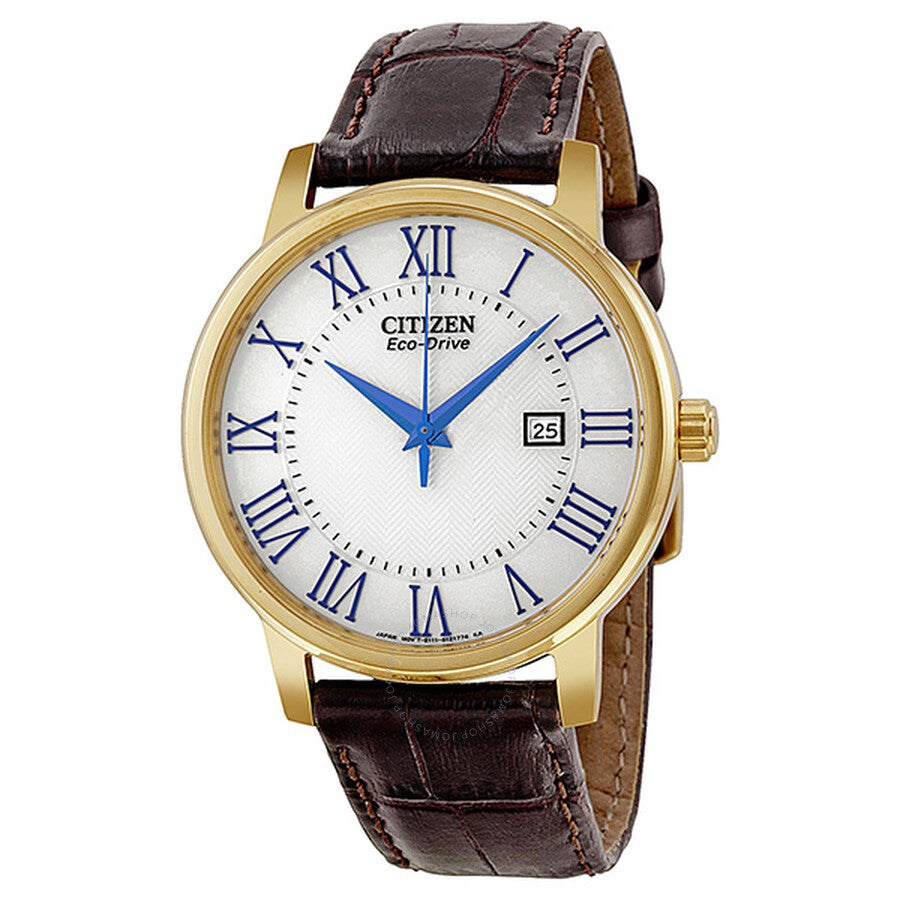 Citizen Eco Drive Silver Dial Gold Tone Brown Leather Men's Watch BM6752-02A - Dawson Watches
