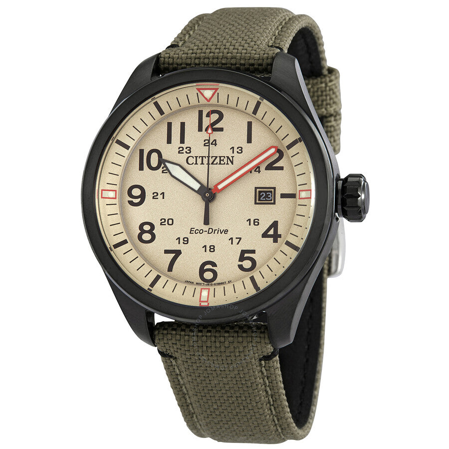 Citizen Eco-Drive Beige Dial Khaki Green Nylon Men's Watch AW5005-12X - Dawson Watches