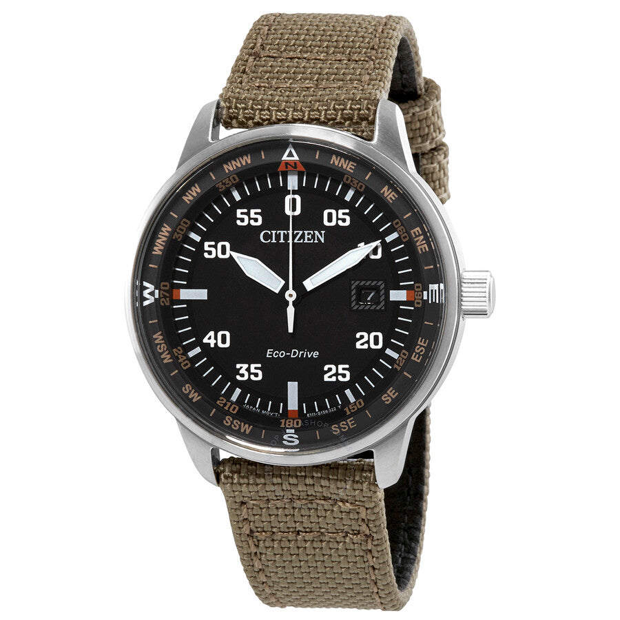 Citizen Eco-Drive Black Dial Brown Fabric Men's Watch BM7390-06E - Dawson Watches