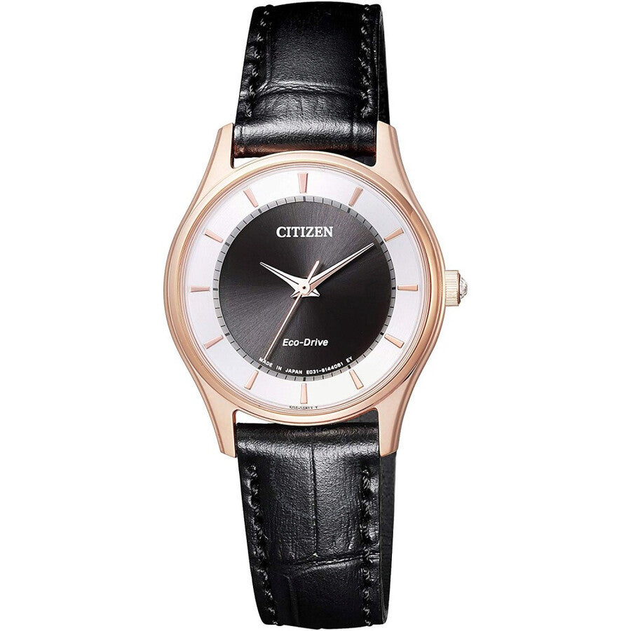 Citizen Eco-Drive Black Dial Black Leather Ladies Watch EM0402-05E - Dawson Watches