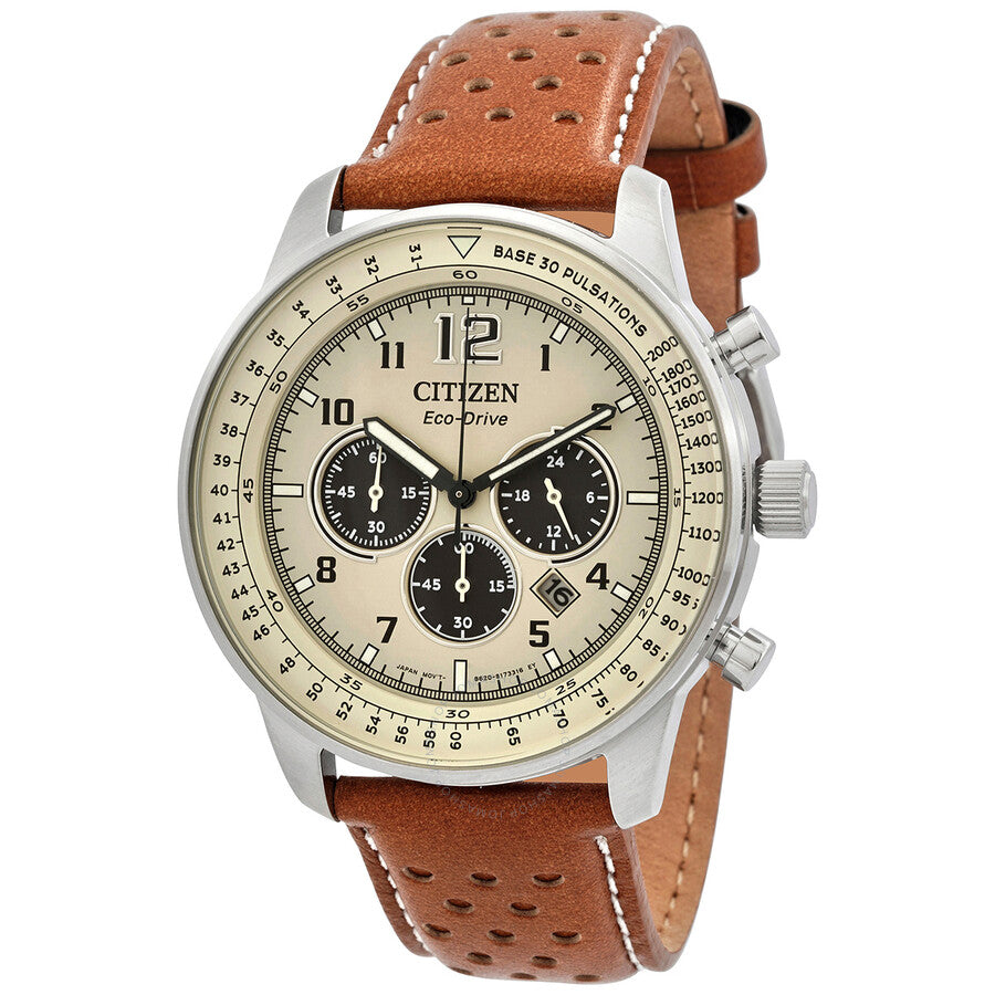 Citizen Eco-Drive Chronograph Beige Dial Brown Leather Men's Watch CA4500-16X - Dawson Watches