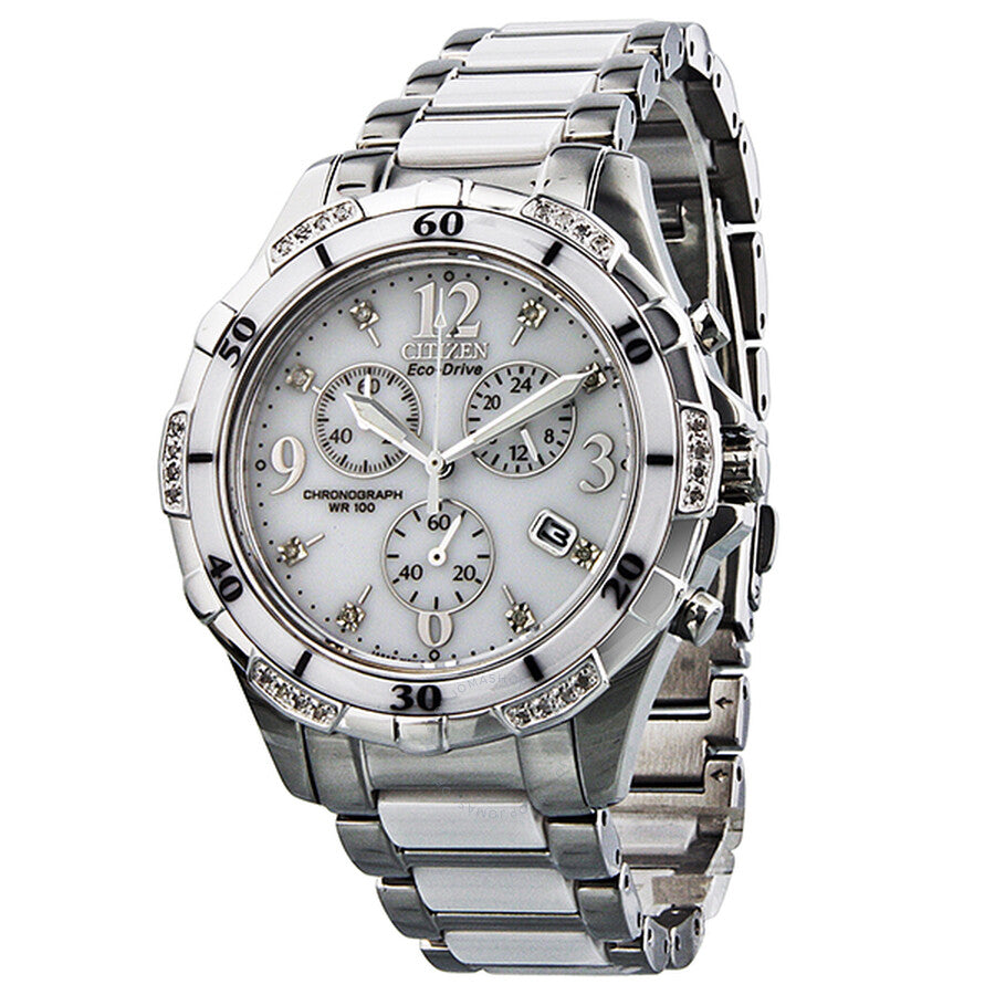 Citizen Eco-Drive Chronograph Diamond White Dial Stainless Steel and Ceramic Ladies Watch FB1230-50A - Dawson Watches