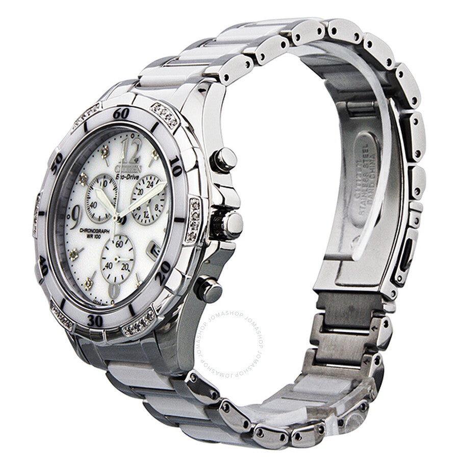 Citizen Eco-Drive Chronograph Diamond White Dial Stainless Steel and Ceramic Ladies Watch FB1230-50A - Dawson Watches #2