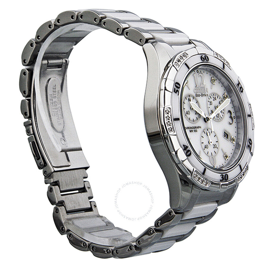 Citizen Eco-Drive Chronograph Diamond White Dial Stainless Steel and Ceramic Ladies Watch FB1230-50A - Dawson Watches #5