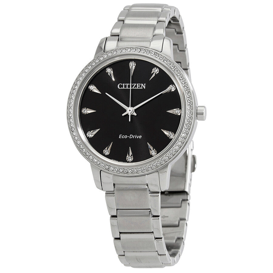 Citizen Eco-Drive Crystal Black Dial Stainless Steel Ladies Watch FE7040-53E - Dawson Watches