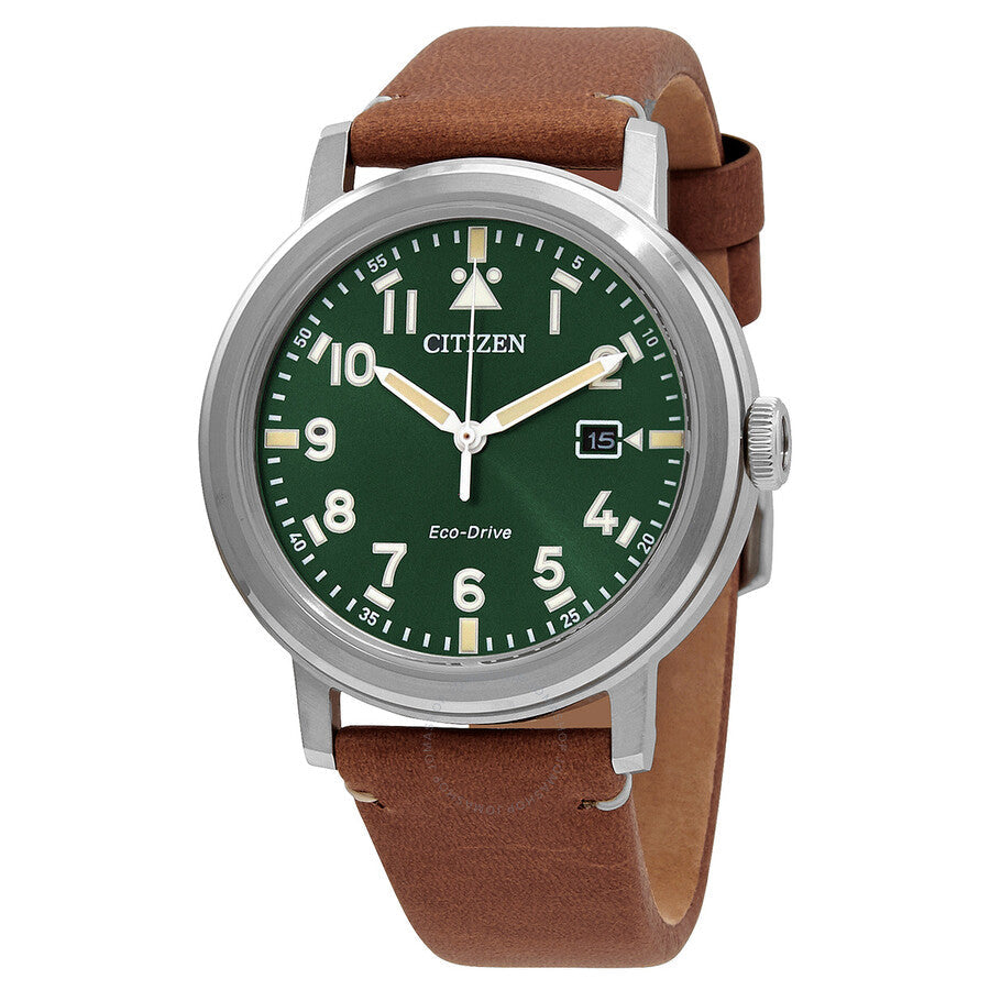 Citizen Eco-Drive Green Dial Brown Leather Men's Watch AW1620-13X - Dawson Watches