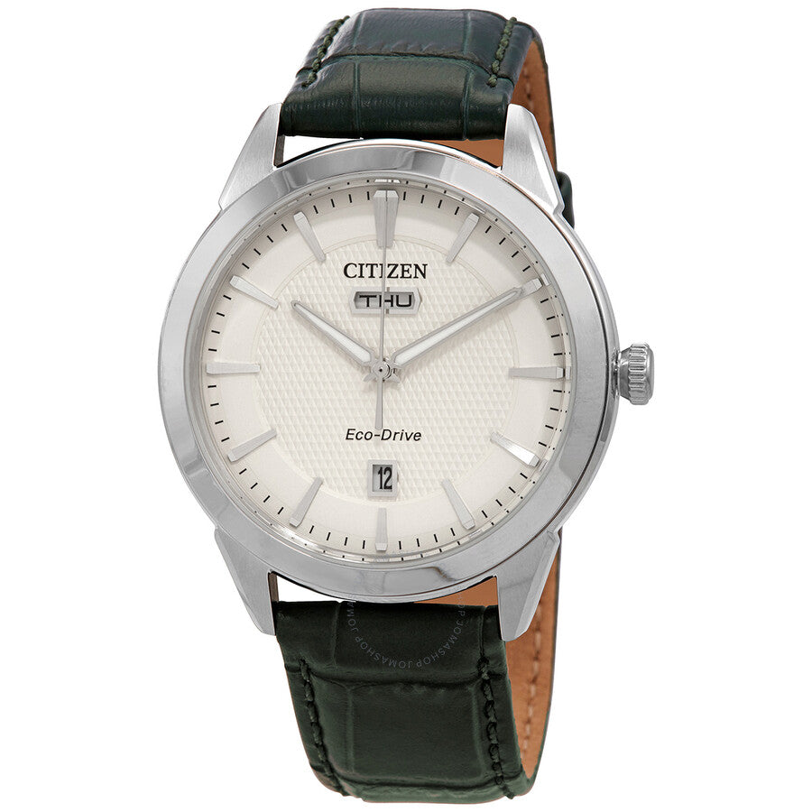 Citizen Eco-Drive Ivory Dial Green Leather Men's Watch AW0090-11Z - Dawson Watches