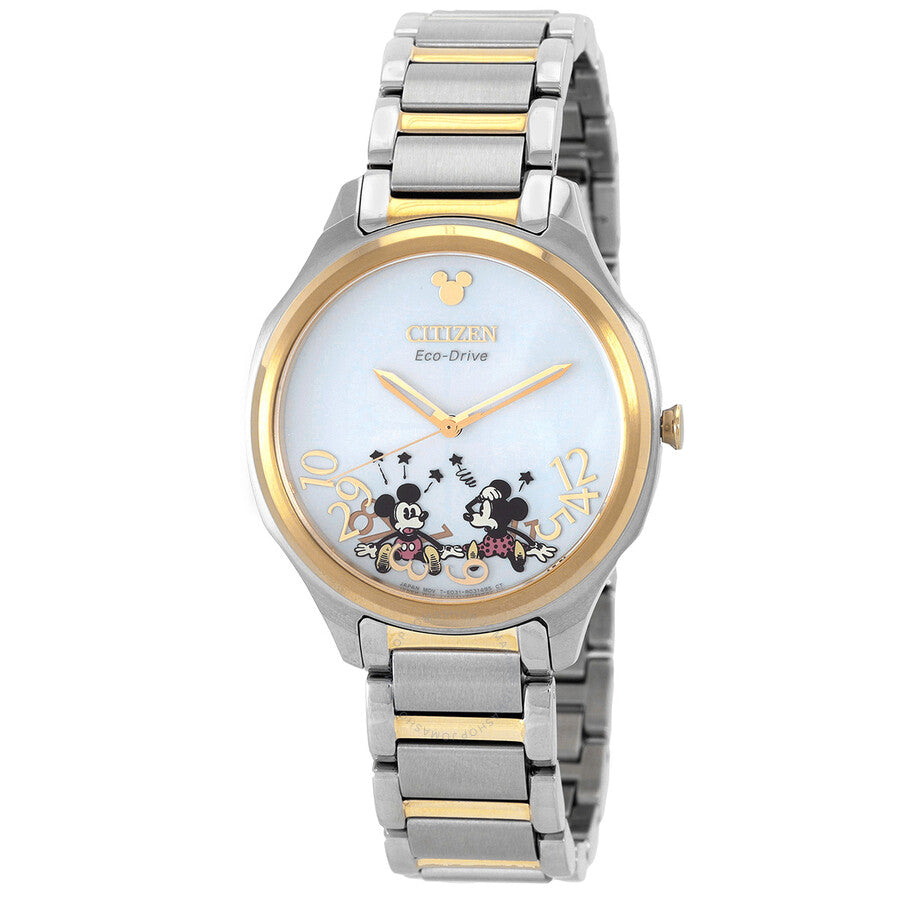 Citizen Falling Mickey & Minnie Silver Dial Two-Tone Ladies Watch EM0754-59W - Dawson Watches