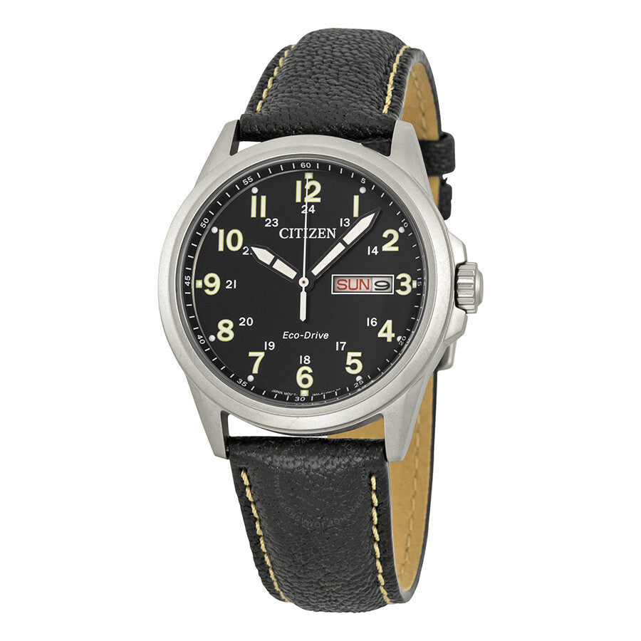 Citizen Military Eco-Drive Black Dial Black Leather Quartz Men's Watch AW0040-01E - Dawson Watches
