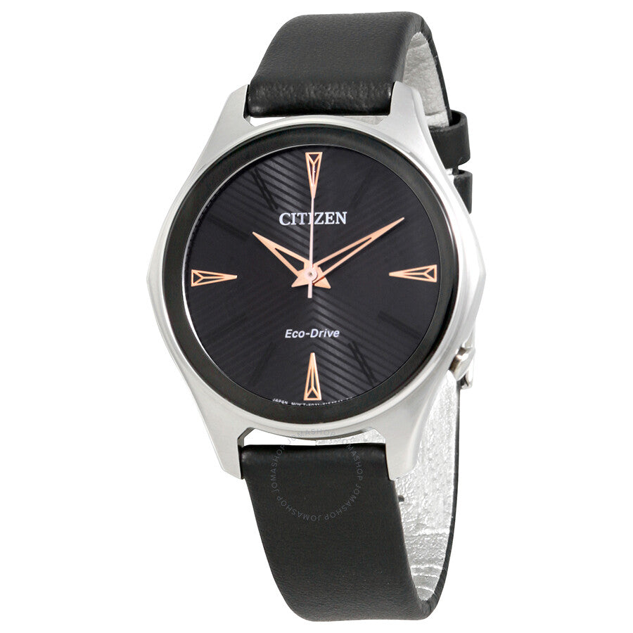 Citizen Modena Black Dial Black Leather Ladies Watch EM0591-01E - Dawson Watches