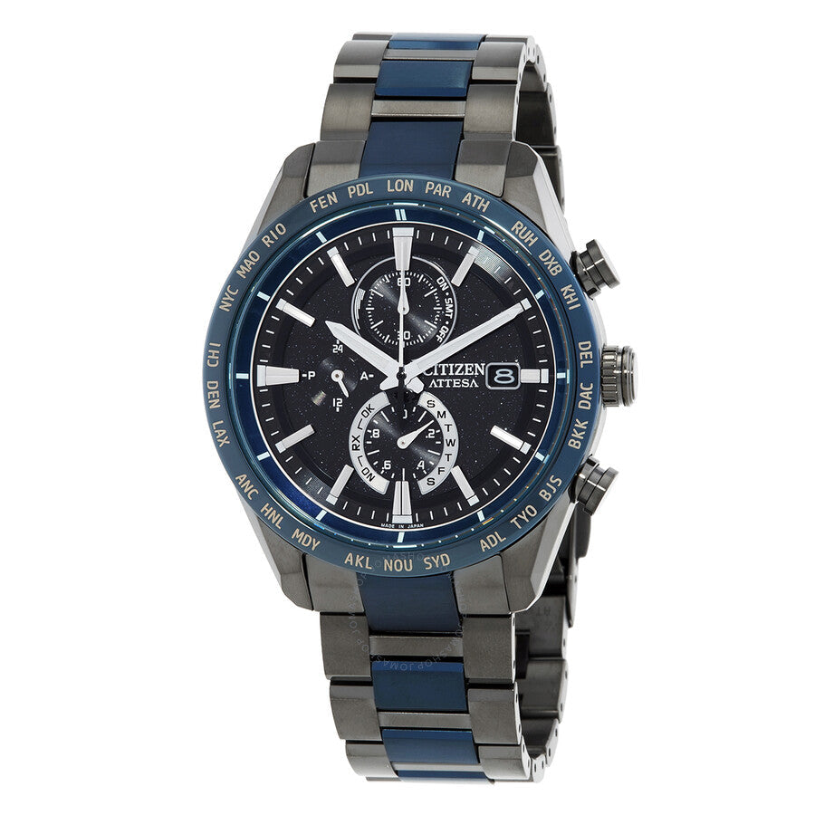 Citizen Perpetual Alarm World Time Chronograph GMT Black Dial Watch AT8187-75E - Dawson Watches