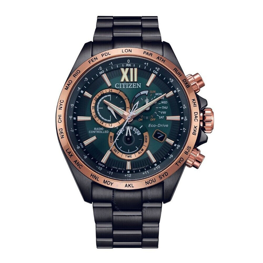 Citizen Perpetual Alarm World Time Chronograph GMT Eco-Drive Green Dial Men's Watch CB5956-89X - Dawson Watches