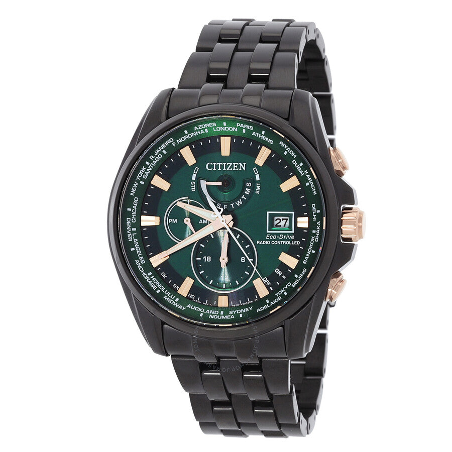 Citizen Perpetual Alarm World Time Eco-Drive GMT Green Dial Men's Watch AT9128-87X - Dawson Watches
