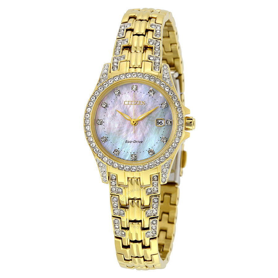 Citizen Silhouette Eco-Drive Crystal Mother of Pearl Dial Gold-Tone Ladies Watch EW1222-84D - Dawson Watches