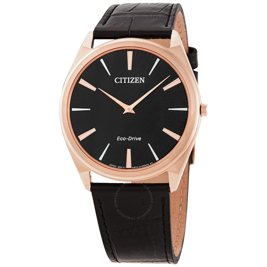Citizen Stiletto Black Guilloche Dial Black Leather Men's Watch AR3073-06E - Dawson Watches