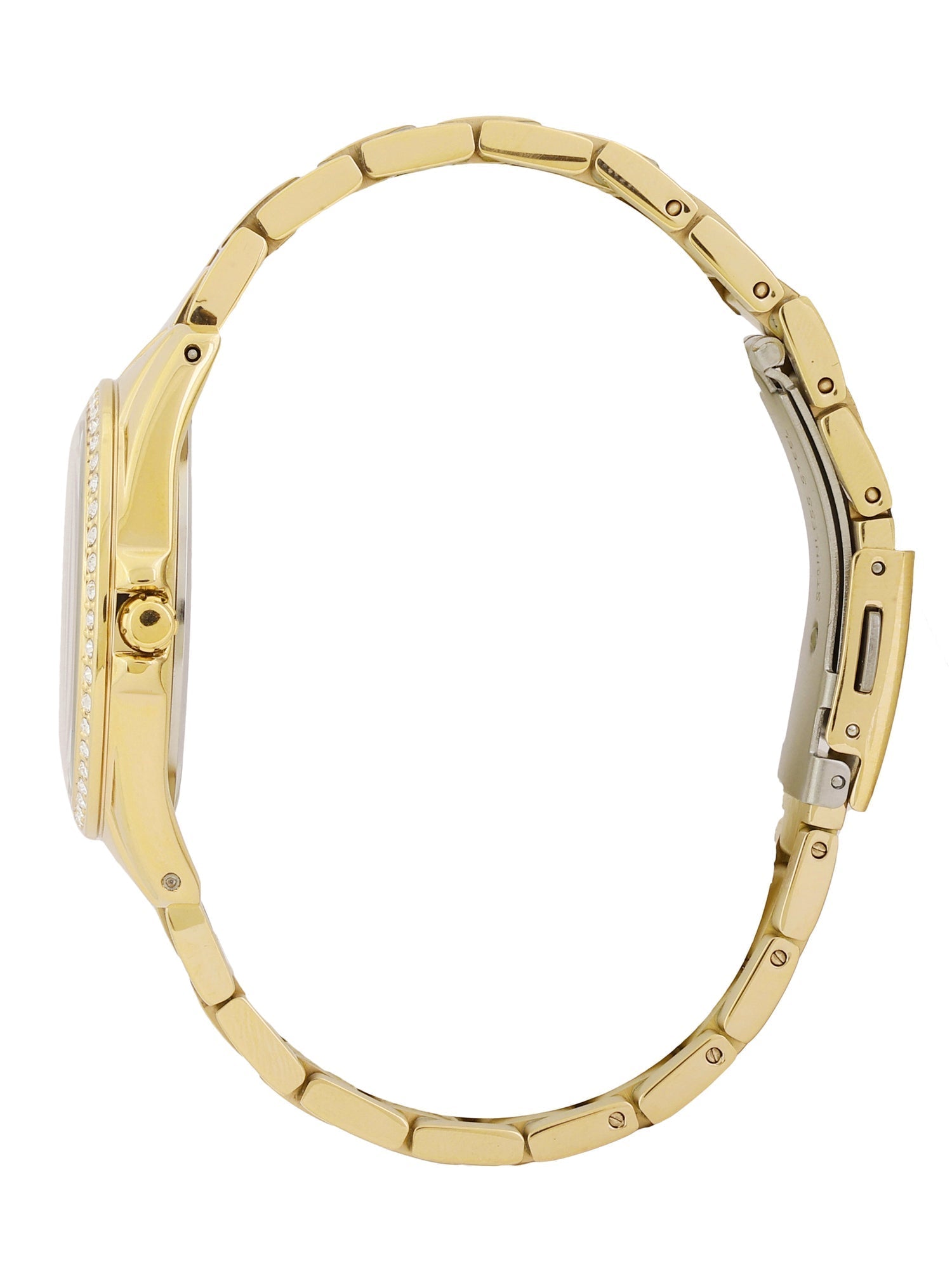 Daniel Klein Elite gold watch displayed at angle showing crystal bezel and bracelet