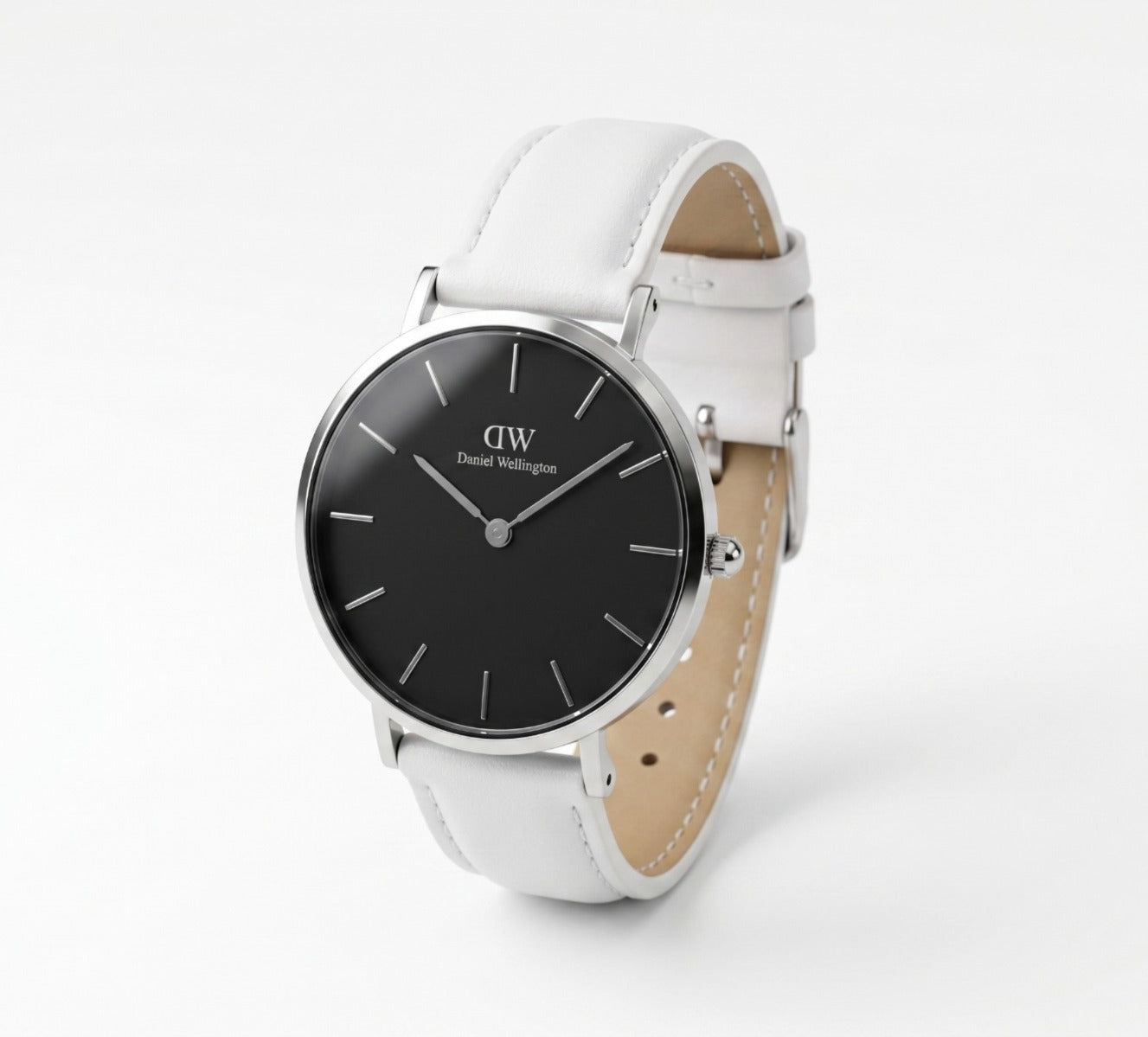 Daniel Wellington Petite Bondi Black Dial 32mm Silver Case White Leather Ladies Watch DW00100284