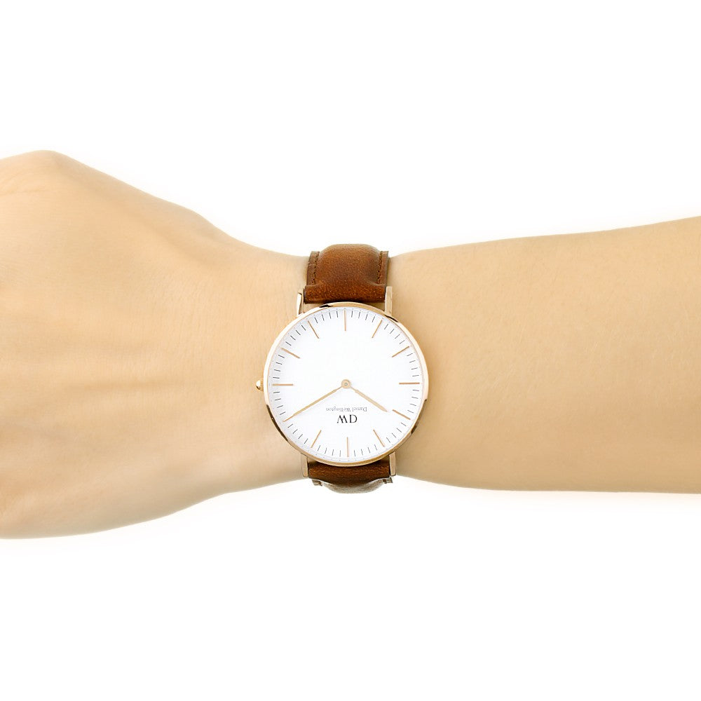 St Mawes 36mm watch on wrist with white dial and brown leather strap