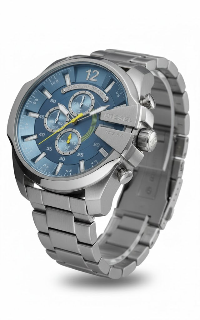 Diesel Mega Chief Chronograph Light Blue Dial Silver Men's Watch DZ4281