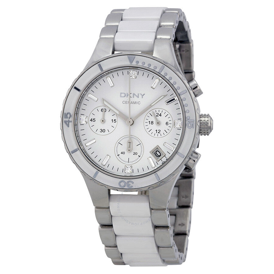 DKNY Chronograph Wite Dial Steel and Ceramic Bracelet Ladies Watch NY8502 - Dawson Watches