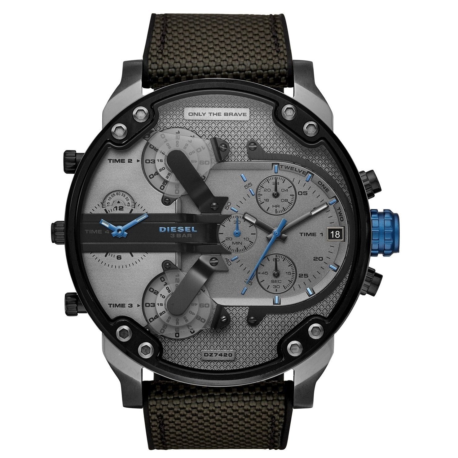 Diesel Big Daddy 2.0 DZ7420 316L gunmetal stainless steel & silicone strap 3ATM (30m) water resistant 4 Time zones (GMT)