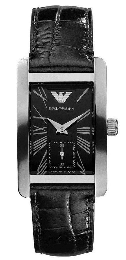 Emporio Armani AR0144 rectangular watch with black dial, silver-tone case, and black leather strap