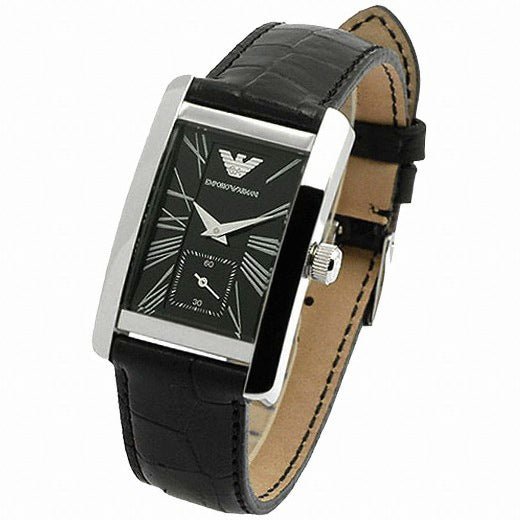 Side profile of Emporio Armani AR0144 rectangular case with black leather strap