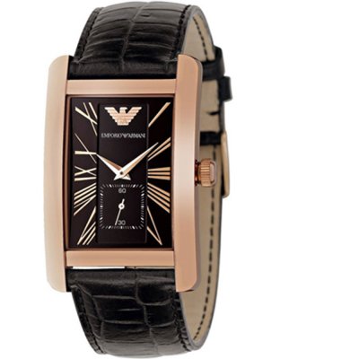 Emporio Armani AR0168 rose gold rectangular watch with black dial and leather strap