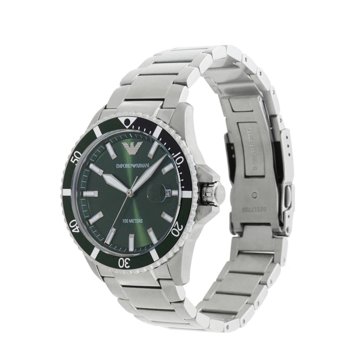 Side angle view of Emporio Armani AR11338 showing green dial and stainless steel bracelet