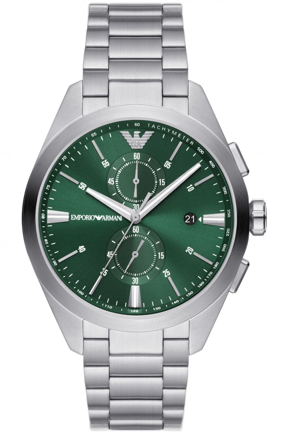 Emporio Armani AR11480 silver chronograph watch with green dial and white hands